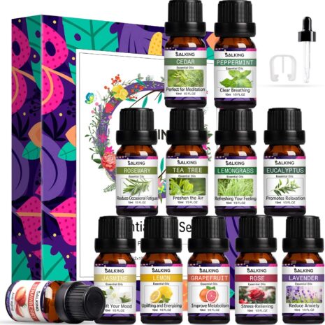 SALKING Zestaw olejków eterycznych 12 x 10 ml, zestaw prezentowy do dyfuzora, lawendy, róży, jaśminu, drzewa herbacianego, eukaliptusa, trawy cytrynowej, rozmarynu, mięty SALKING Zestaw olejków eterycznych 12 x 10 ml, zestaw prezentowy do dyfuzora, lawendy, róży, jaśminu, drzewa herbacianego, eukaliptusa, trawy cytrynowej, rozmarynu, mięty