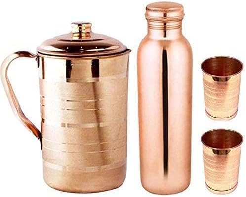 Miedziany dzbanek na wodę, 1500 ml, z butelką 900 ml, 2 miedziane szklanki, zestaw 4 kombi do picia i serwowania wody w codziennym użytkowaniu