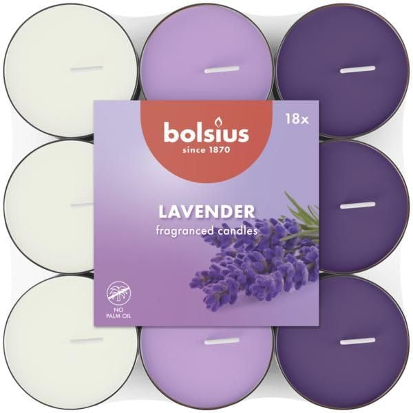 Bolsius – 18 zapachowych podgrzewaczy – Lawenda – Czas palenia: 3,5 godziny – Średnica 38 mm – Naturalne ekstrakty – Zawiera wosk wegański – Bez oleju palmowego