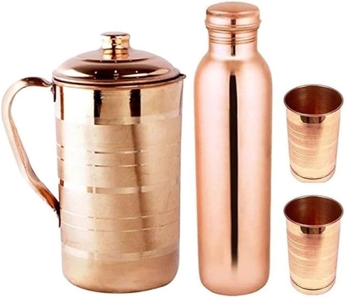 Zestaw miedzianych butelek na wodę i dzbanek, butelka 1000 ml, dzbanek 1100 ml z 2 szklankami, brązowy