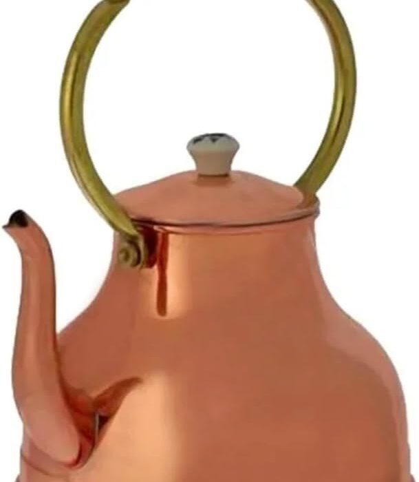 Czajnik miedziany do wody i herbaty z uchwytem porcelanowym 1,5L - szybkie nagrzewanie, klasyczny design, wymiary 20x20x15cm, waga 0,7kg, cynowane wnętrze