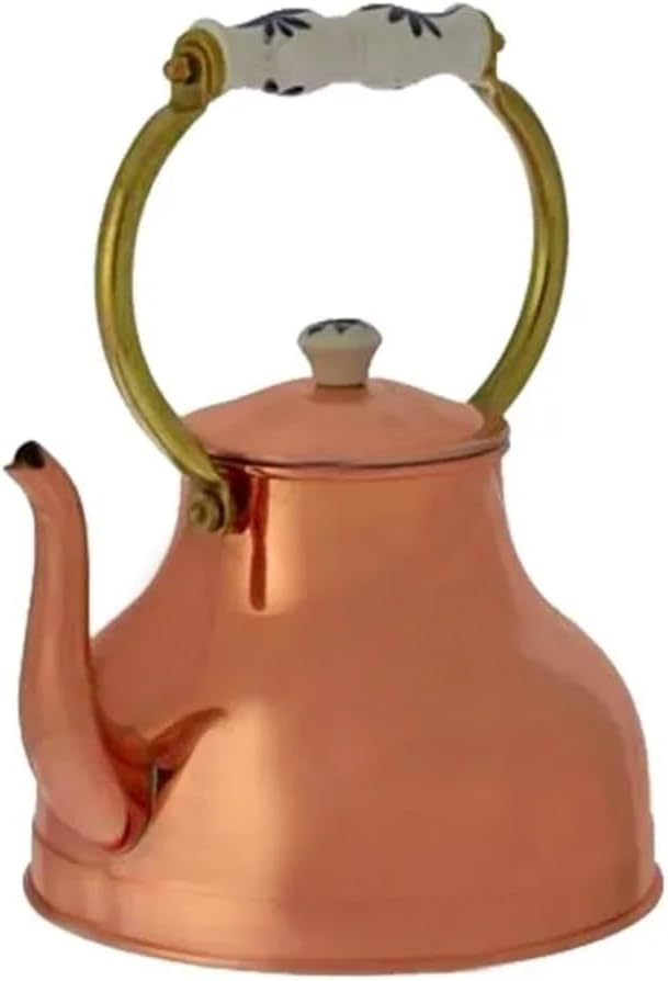 Czajnik miedziany do wody i herbaty z uchwytem porcelanowym 1,5L - szybkie nagrzewanie, klasyczny design, wymiary 20x20x15cm, waga 0,7kg, cynowane wnętrze