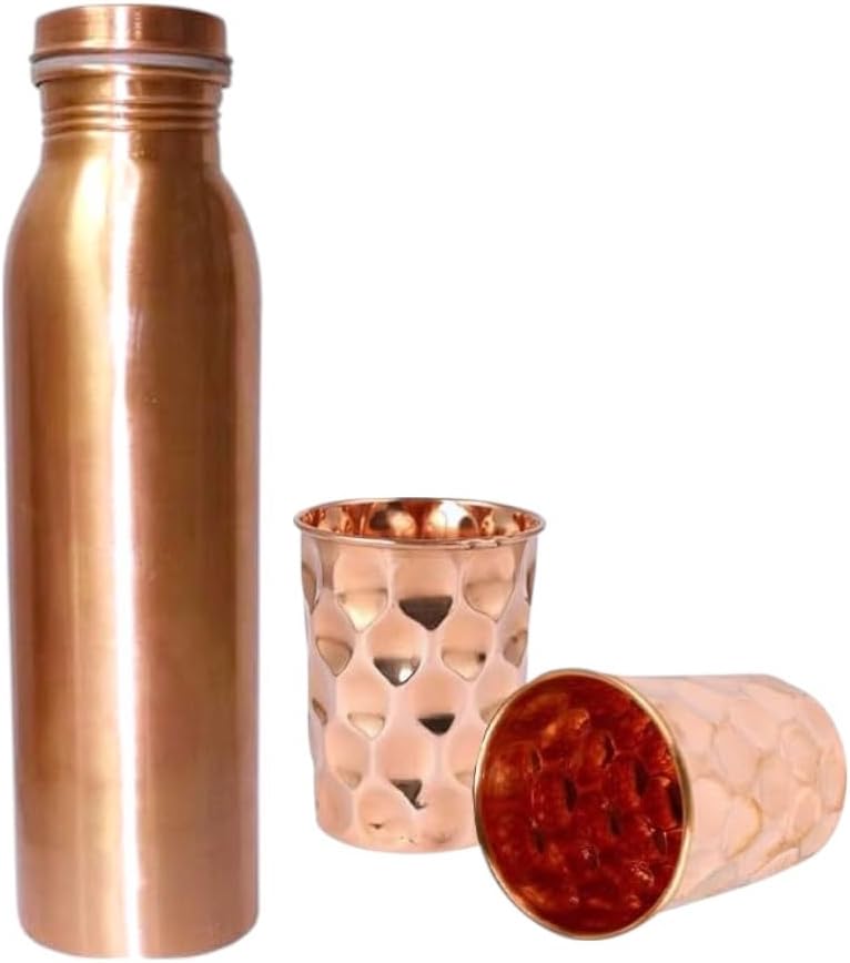 BRACOP® Miedziana butelka dozownik wody Butelka do picia Dzbanek z czystej miedzi Zestaw 3 kubków do picia Naczynia serwowania Miedziany kubek kubków Szklany kubek Ajurwedyjski Moscow Mule napojów - obrazek 2
