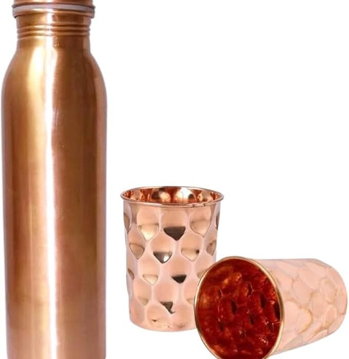 BRACOP® Miedziana butelka dozownik wody Butelka do picia Dzbanek z czystej miedzi Zestaw 3 kubków do picia Naczynia serwowania Miedziany kubek kubków Szklany kubek Ajurwedyjski Moscow Mule napojów