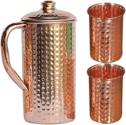 Dzbanek miedziany młotkowany dzbanek naczynie miedziane 1500 ml z 2 młotkowanymi szklankami miedzianymi 200 ml każdy