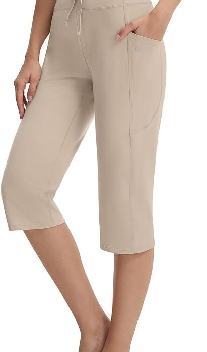 baleaf Damskie spodnie do jogi, bawełna, wysoki stan, spodnie capri z kieszeniami, spodnie rekreacyjne, 46 cm, spodnie proste, casualowe, letnie, sportowe