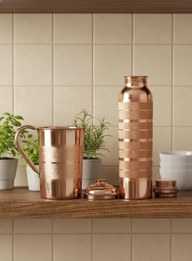 BRACOP® Miedziany dzbanek na wodę butelka do picia czysta miedź dzbanek z pokrywką słoik do picia przybory do serwowania kubek szkło ajurwedyjskie ręcznie robiona szczelna miedziana butelka pojemnik - obrazek 7