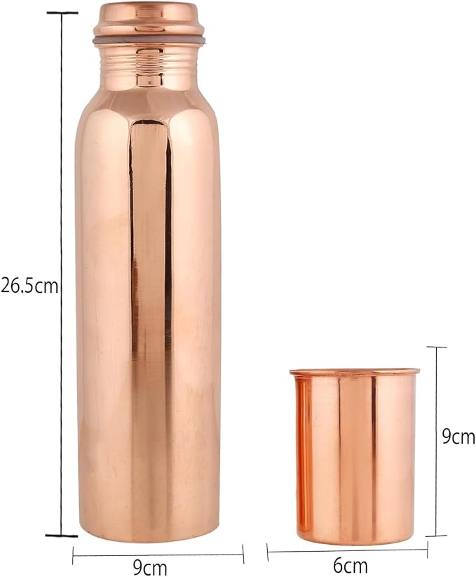 Butelka na wodę z czystej miedzi z 2 szklankami (butelka 900 ml + 2 szklanki 300 ml, zestaw 3 sztuk, jednokolorowa) - obrazek 2
