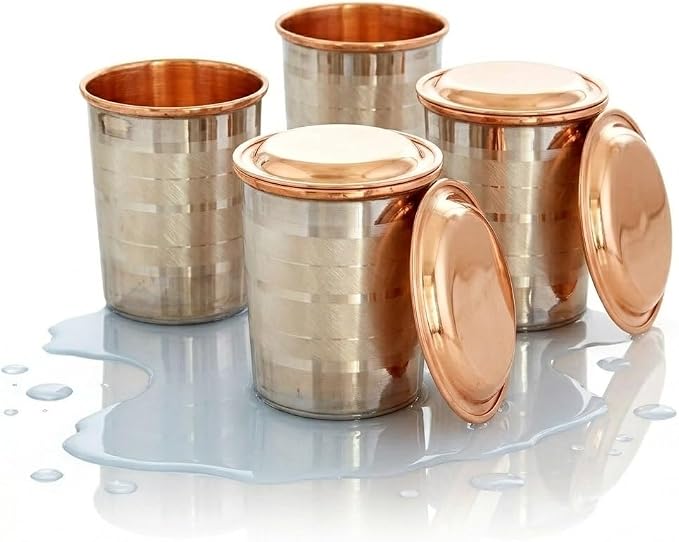 BRACOP® Miedziana karafka dzbanek na wodę kubek 100% solidny pojemnik na wodę szklanka do ajurwedy kubek na wodę naczynie do serwowania szkło z pokrywką Moscow Mule kubek naczynia do picia zestaw