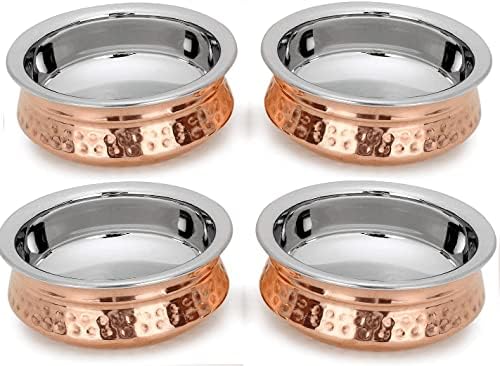 Zap Impex Miedziana Zastawa Stołowa - Miska do Serwowania Indyjskich Naczyń Handi, Zestaw Tureen, Miedź i Stal Nierdzewna (15 cm), 4 Sztuki