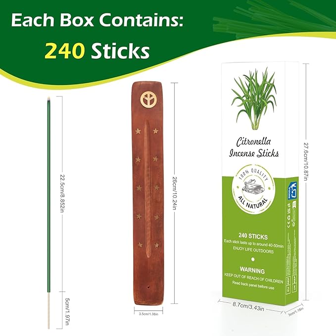 Citronella kadzidełka, 240 sztuk, 200 godzin, naturalny olejek eteryczny Citronella, kadzidełka do użytku na zewnątrz, do ogrodu, na taras, balkon, piknik, kemping, dekoracja stołu, 50 min na sztukę - obrazek 4