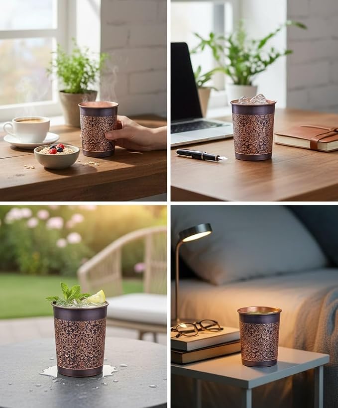 BRACOP® Szklanki do wody termosy kubek z czystej miedzi naczynia do serwowania ajurwedyjskie szkło wytłaczany kubk do wody zestaw 4 kubków kubek Moscow Mule do soków miedziane naczynia do picia - obrazek 7
