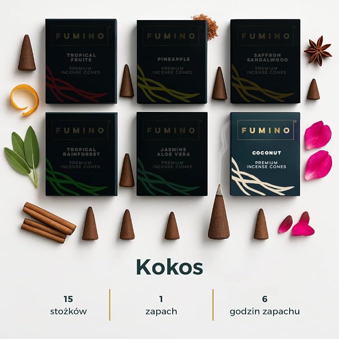 Fumino® Zapach Kokosa – świeże kadzidełka stożkowe, 15 sztuk w opakowaniu, Masala Agarbatti Joss, zapach do relaksu i medytacji, dekoracja domu - obrazek 3