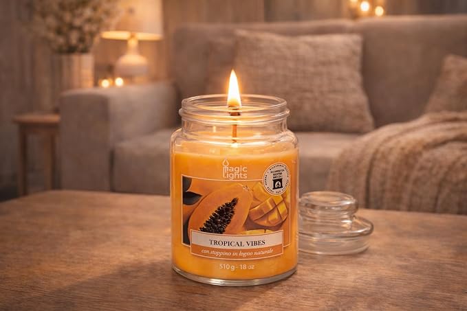 Świeca słoika 510 g Tropical Vibes - Papaya - Mango z woskiem roślinnym min. 75% - naturalny knot drewniany, wyprodukowany we Włoszech - obrazek 7