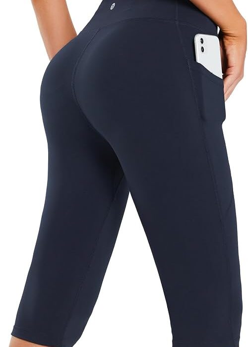 BALEAF Damskie legginsy Capri do kolan z kieszeniami szorty capri z wysokim stanem