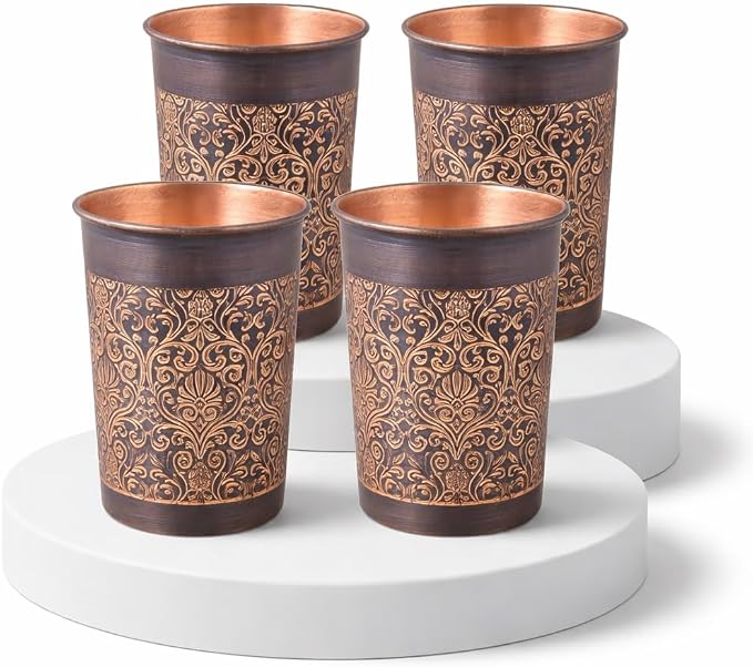 BRACOP® Szklanki do wody termosy kubek z czystej miedzi naczynia do serwowania ajurwedyjskie szkło wytłaczany kubk do wody zestaw 4 kubków kubek Moscow Mule do soków miedziane naczynia do picia