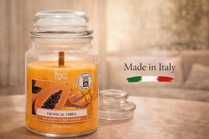 Świeca słoika 510 g Tropical Vibes - Papaya - Mango z woskiem roślinnym min. 75% - naturalny knot drewniany, wyprodukowany we Włoszech - obrazek 6