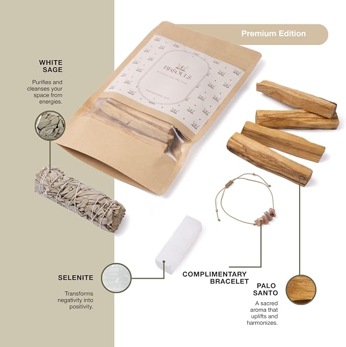 Zestaw do oczyszczania energetycznego: 4 Palo Santo, 1 biała szałwia, bransoletka jako prezent + selenit (cyfrowa zawartość QR) – naturalne i idealne do medytacji, jogi, rytuałów duchowych - obrazek 5