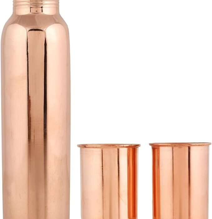 Butelka na wodę z czystej miedzi z 2 szklankami (butelka 900 ml + 2 szklanki 300 ml, zestaw 3 sztuk, jednokolorowa)