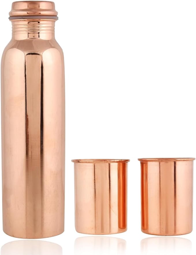 Butelka na wodę z czystej miedzi z 2 szklankami (butelka 900 ml + 2 szklanki 300 ml, zestaw 3 sztuk, jednokolorowa)