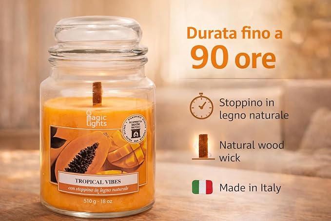Świeca słoika 510 g Tropical Vibes - Papaya - Mango z woskiem roślinnym min. 75% - naturalny knot drewniany, wyprodukowany we Włoszech - obrazek 4