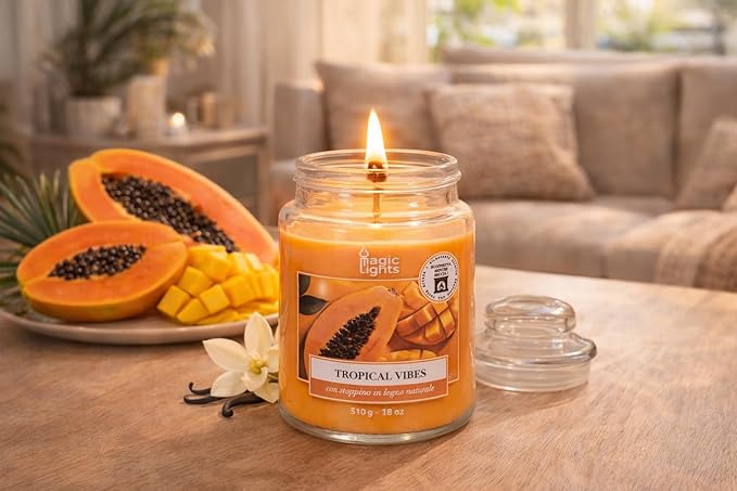 Świeca słoika 510 g Tropical Vibes - Papaya - Mango z woskiem roślinnym min. 75% - naturalny knot drewniany, wyprodukowany we Włoszech - obrazek 2