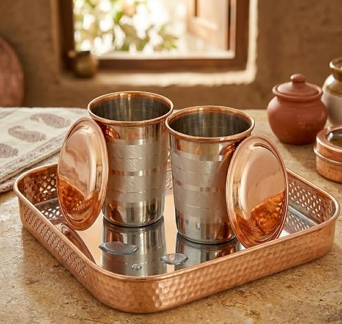 BRACOP® Miedziana karafka dzbanek na wodę kubek 100% solidny pojemnik na wodę szklanka do ajurwedy kubek na wodę naczynie do serwowania szkło z pokrywką Moscow Mule kubek naczynia do picia zestaw - obrazek 3