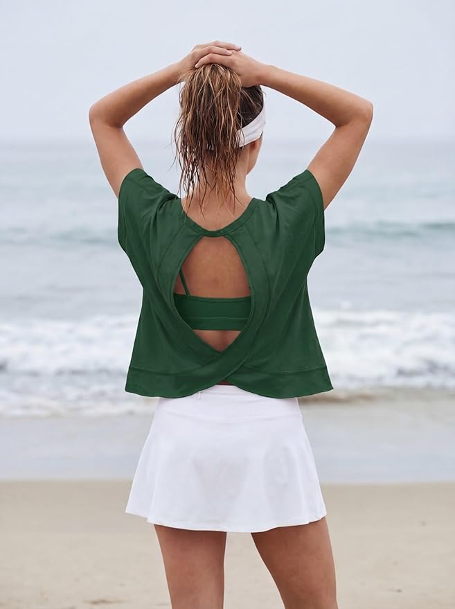 GRECERELLE Damska koszulka sportowa z krótkim rękawem, luźna, oddychająca koszulka Crop Top do tenisa, jogi, fitnessu, biegania, lekka górna część na siłownię i w czasie wolnym - obrazek 7