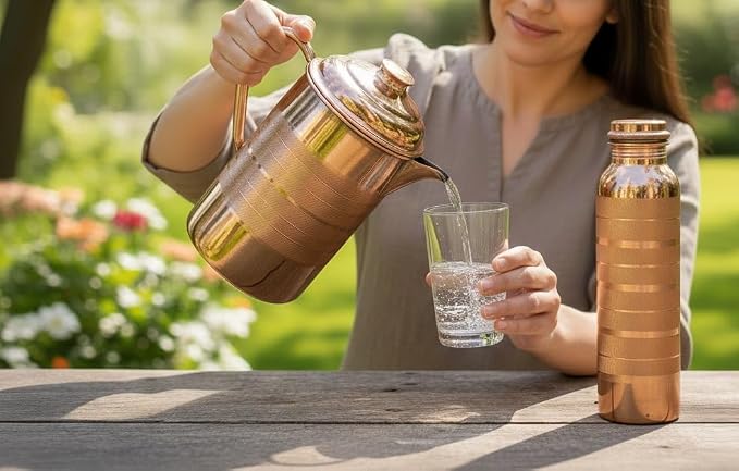 BRACOP® Miedziany dzbanek na wodę butelka do picia czysta miedź dzbanek z pokrywką słoik do picia przybory do serwowania kubek szkło ajurwedyjskie ręcznie robiona szczelna miedziana butelka pojemnik - obrazek 4