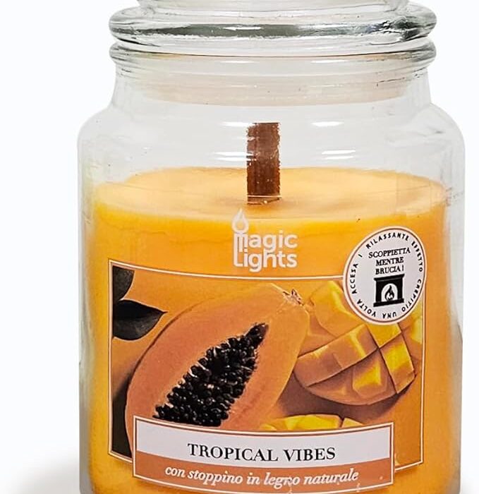 Świeca słoika 510 g Tropical Vibes - Papaya - Mango z woskiem roślinnym min. 75% - naturalny knot drewniany, wyprodukowany we Włoszech