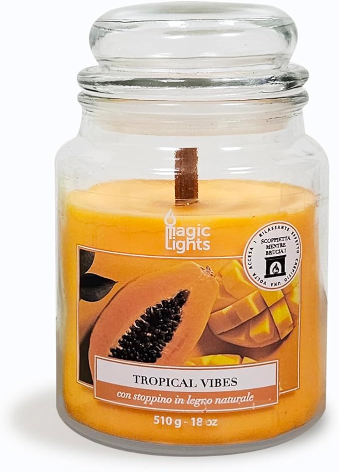Świeca słoika 510 g Tropical Vibes - Papaya - Mango z woskiem roślinnym min. 75% - naturalny knot drewniany, wyprodukowany we Włoszech