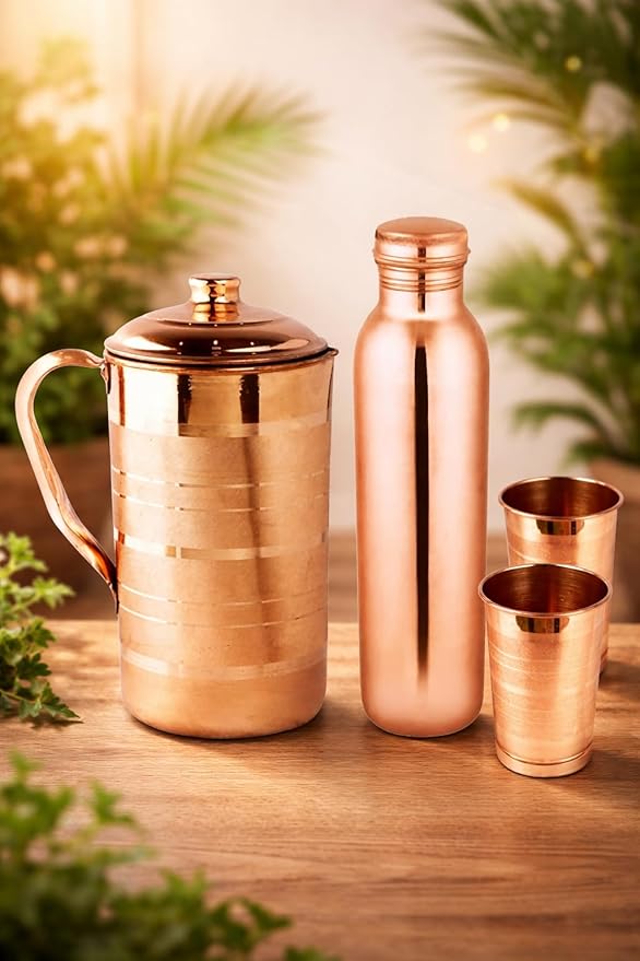 Zestaw miedzianych butelek na wodę i dzbanek, butelka 1000 ml, dzbanek 1100 ml z 2 szklankami, brązowy - obrazek 7