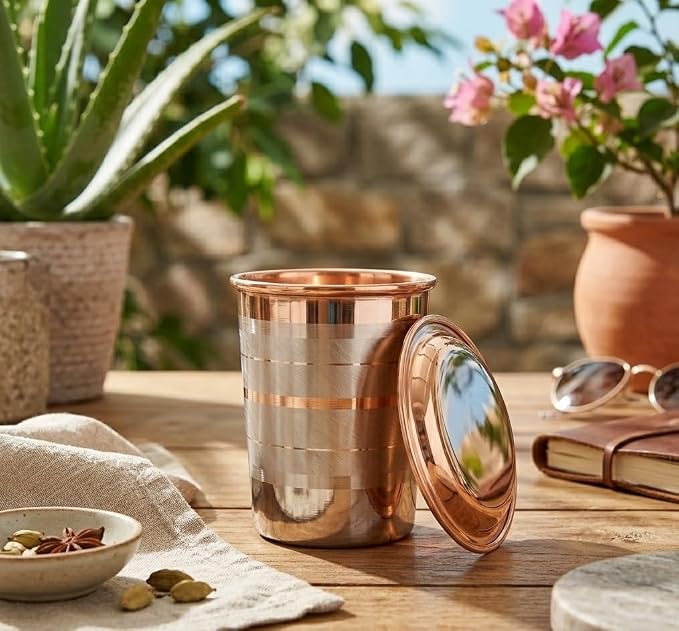 BRACOP® Miedziana karafka dzbanek na wodę kubek 100% solidny pojemnik na wodę szklanka do ajurwedy kubek na wodę naczynie do serwowania szkło z pokrywką Moscow Mule kubek naczynia do picia zestaw - obrazek 4