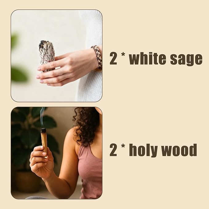 2 białe szałwia i 2 palo Santo Premium kalifornijskie, w 100% naturalne, kontrolowane i zrównoważone zbiory, tradycyjne kadzidełka, odpowiednie do odstraszania negatywnej energii - obrazek 6