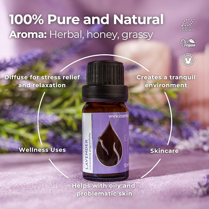 Essences Bułgaria Organiczny Olejek Eteryczny z Lawendy 10ml | Lavandula angustifolia | 100% Czysty i Naturalny | Nierozcieńczony | Klasa terapeutyczna | Destylowany z parą wodną | Bez GMO - obrazek 6