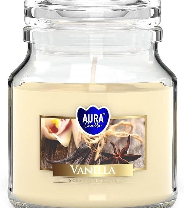 Świeca zapachowa w szkle z wieczkiem, wanilia średnica 7cm 28h AURA