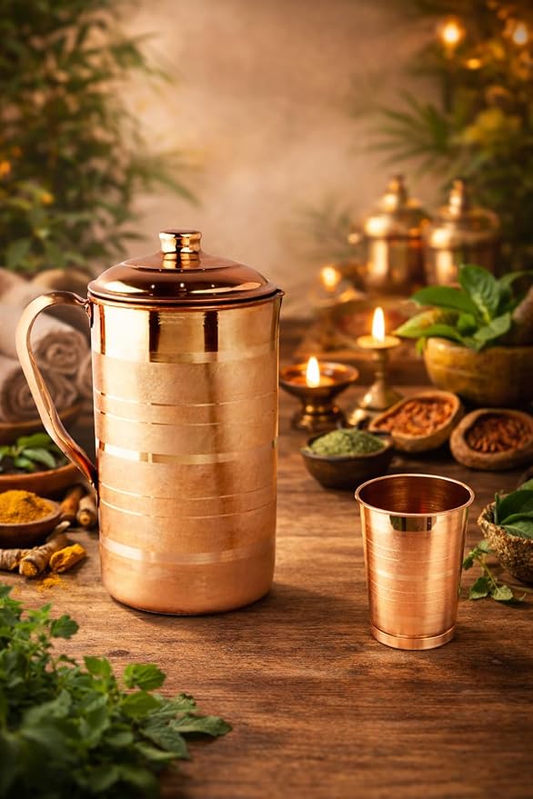 Zestaw miedzianych butelek na wodę i dzbanek, butelka 1000 ml, dzbanek 1100 ml z 2 szklankami, brązowy - obrazek 2