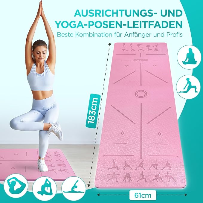 Mata do jogi, z termoplastycznego elastomeru poliestrowego o grubości 6 mm, przyjazna dla skóry, antypoślizgowa, do pilatesu, medytacji, stretchingu, z paskiem do noszenia, domowy trening | Z pozami jogi, liniami wyrównania, paskiem do noszenia, do jogi, pilatesu, domu, stretchingu i treningu sportowego - obrazek 5