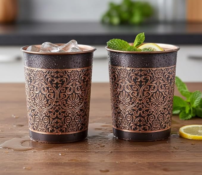 BRACOP® Szklanki do wody termosy kubek z czystej miedzi naczynia do serwowania ajurwedyjskie szkło wytłaczany kubk do wody zestaw 4 kubków kubek Moscow Mule do soków miedziane naczynia do picia - obrazek 3