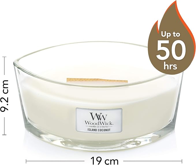 Woodwick Świeca zapachowa Ellipse z trzeszczącym knotem, orzech kokosowy, drewno do 50 godzin, biała - obrazek 4