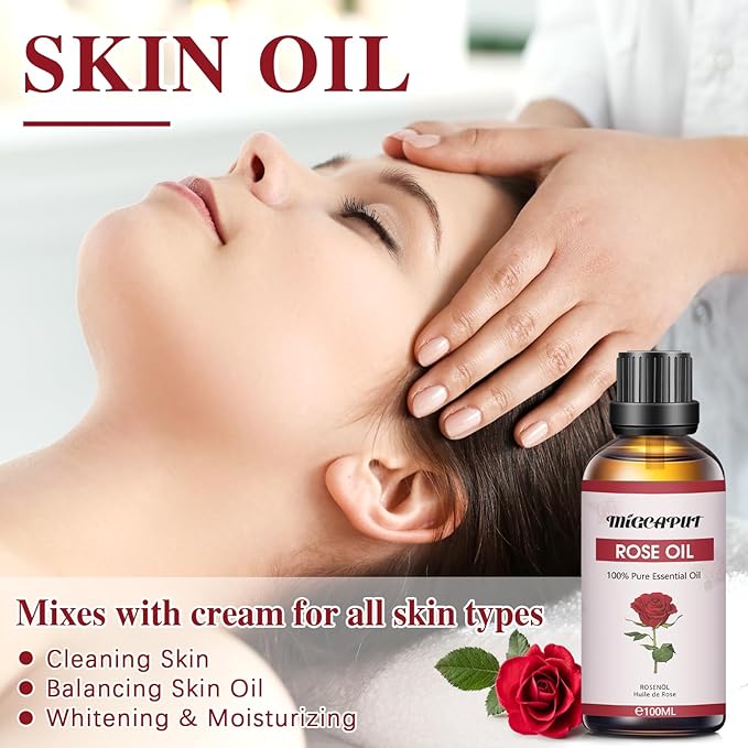 MIGCAPUT Olejek Eteryczny z Róży 100ML, 100% Naturalny Olejek Aromaterapeutyczny, Olejek Różany Klasy Terapeutycznej do Dyfuzora Nawilżacza, SPA, Masażu - obrazek 3