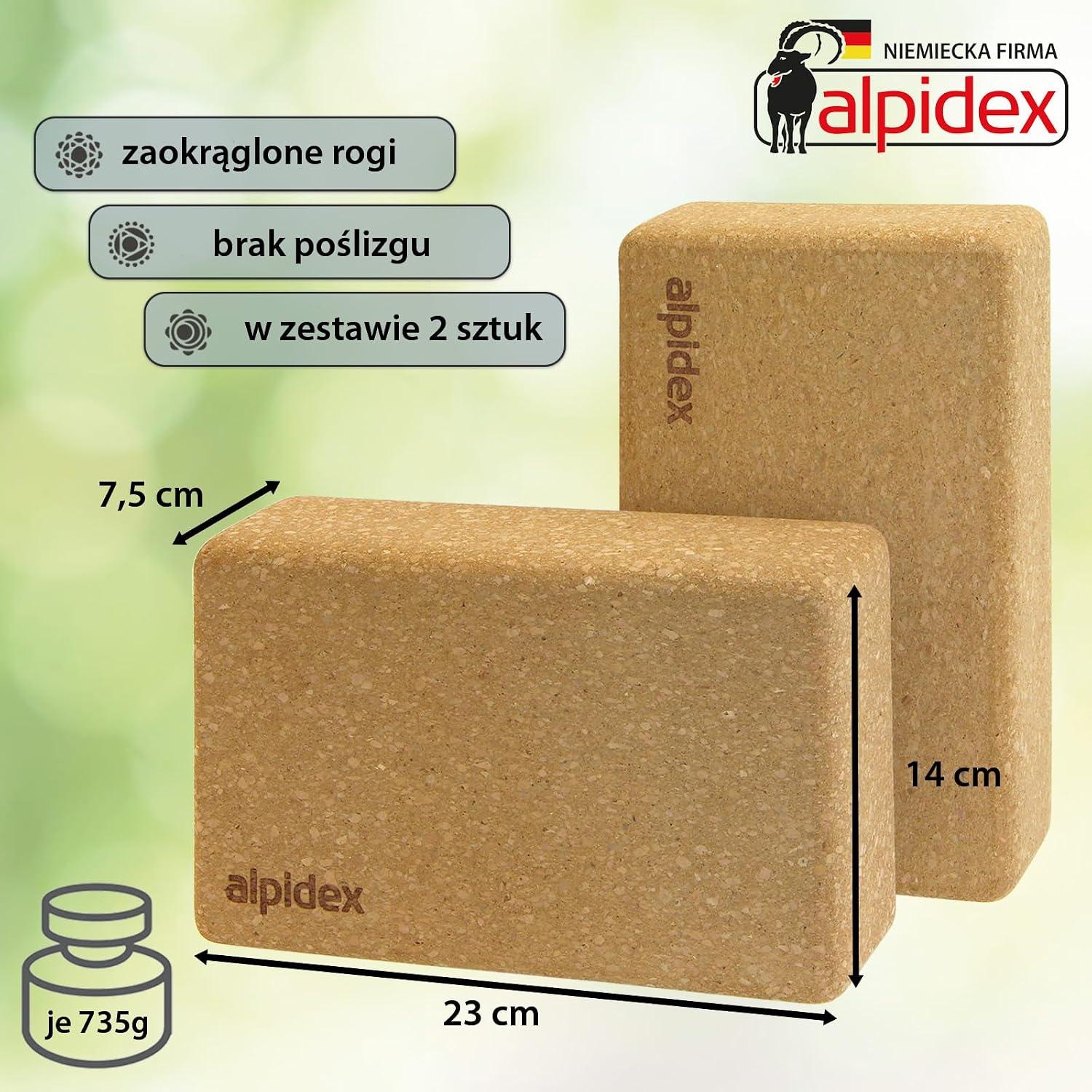 ALPIDEX Blok do jogi z korka naturalnego 1 sztuka lub zestaw 2 klocków ekologiczny i długotrwały korek z Portugalii - obrazek 3