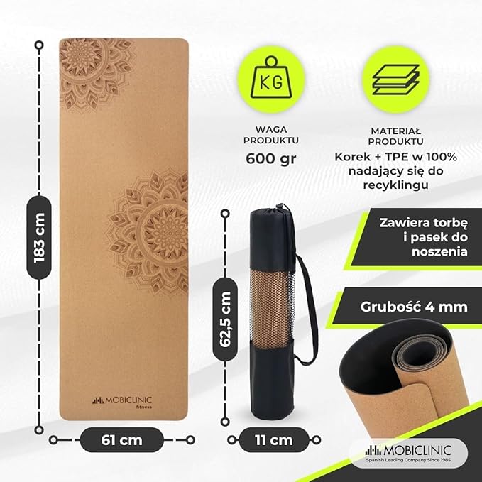 Mobiclinic®, Mata do jogi z naturalnego korka, Antypoślizgowa, Torba transportowa, Antybakteryjna, Grubość 4 mm, Tpe w 100% recyklingu, 183x61cm, Wzór mandali, Ey-02, Joga, Pilates, Fitness - obrazek 2