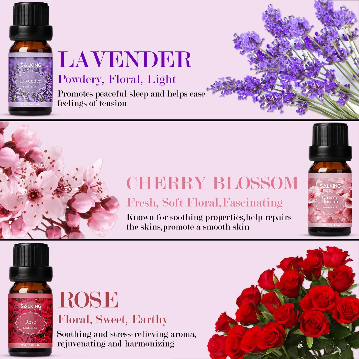 SALKING Zestaw olejków eterycznych, olejki zapachowe do aromaterapii, zestaw prezentowy, 100% czysty olejek zapachowy do dyfuzora, lamp zapachowych, nawilżacza powietrza, masażu, 6 x 10 ml (lawenda - obrazek 4