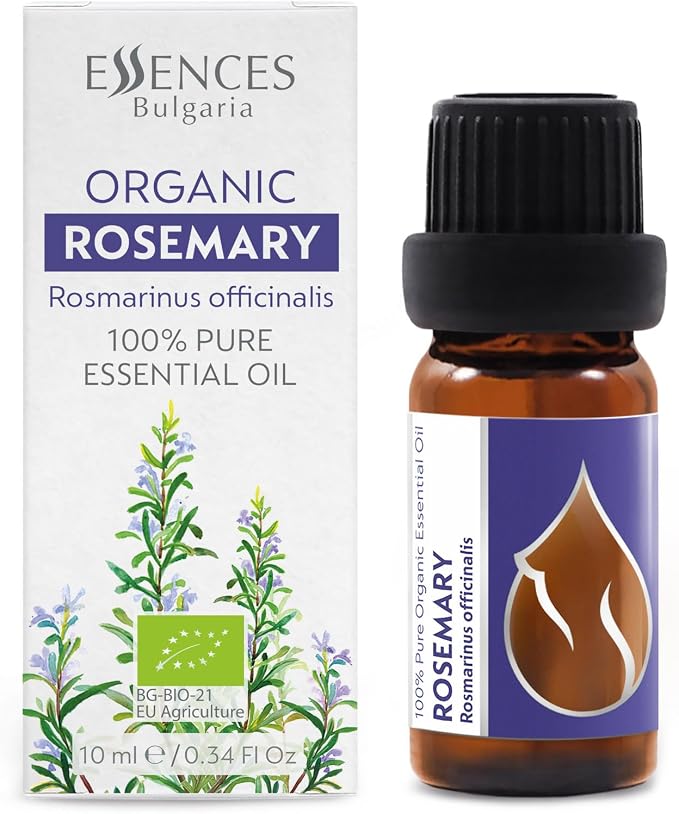 Essences Bułgaria Organiczny Olejek Eteryczny z Rozmarynu 10 ml | Rosmarinus officinalis | 100% Czysty i Naturalny | Nierozcieńczony | Klasa terapeutyczna | Destylowany z parą wodną | Bez GMO
