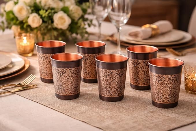 BRACOP® Szklanki do wody termosy kubek z czystej miedzi naczynia do serwowania ajurwedyjskie szkło wytłaczany kubk do wody zestaw 4 kubków kubek Moscow Mule do soków miedziane naczynia do picia - obrazek 6