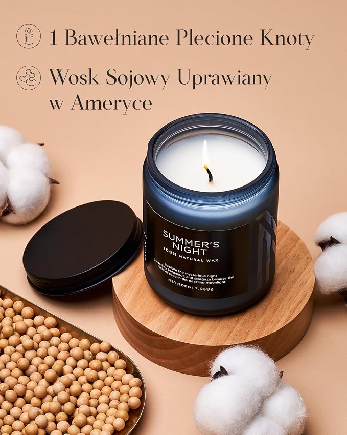 M&SENSE Świeca Letnia Noc (Paczula) w Szklanym Słoiku (200g, 50h) - Naturalna Sojowa z 1 Knotami | Długotrwała | Prezent dla Niej i dla Niego - obrazek 4