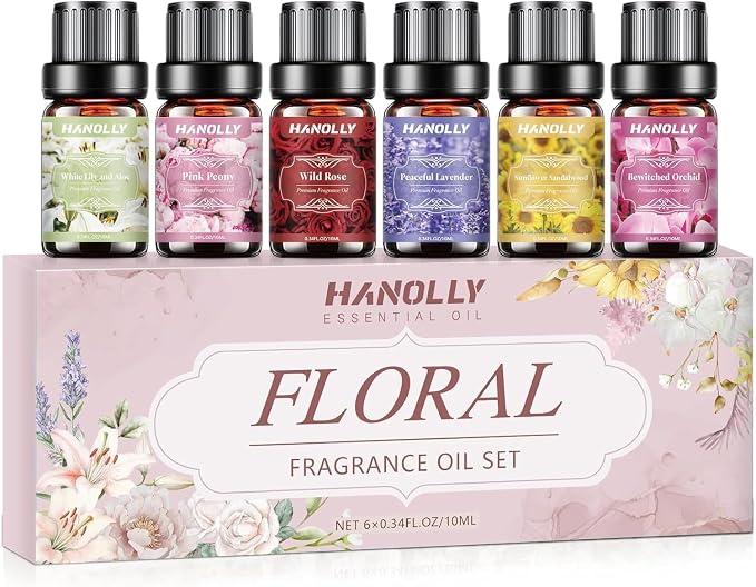 Hanolly 6 x 10 ml Zestaw Kwiatowych Olejków Eterycznych, Naturalne Olejki Zapachowe Do Dyfuzorów – Biała Lilia I Aloes, Różowa Piwonia, Dzika Róża, Słonecznik, Drzewo Sandałowe, Orchidea, Lawenda