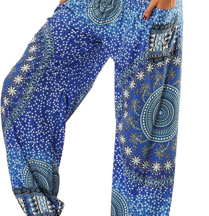 Nuofengkudu damskie alladynki hipisowskie, spodnie workowate boho, wzorzyste, wysoka talia, wąska talia z kieszeniami, spodnie wypoczynkowe, na jogę, lato, plażę, niebieski kwiat, Rozmiar uniwersalny