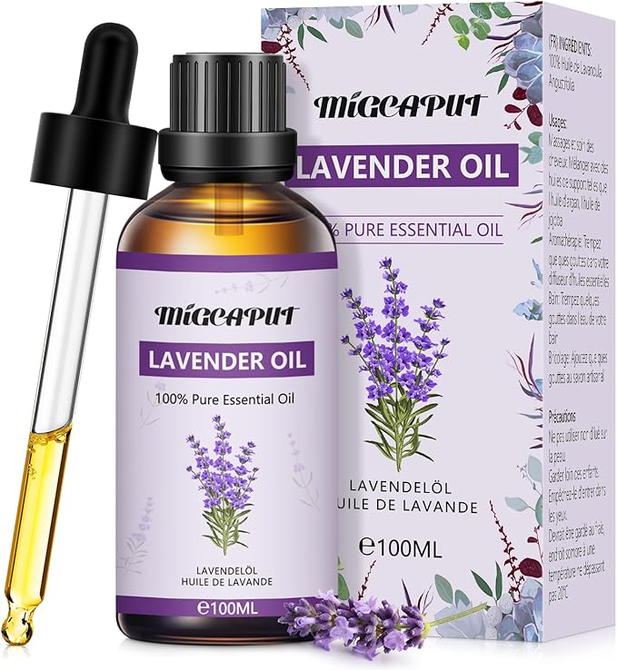 MIGCAPUT Olejek Eteryczny Lawendowy 100ML, 100% Naturalny Olejek Aromaterapeutyczny do Pielęgnacji Skóry, Przeciwtrądzikowy, Lepszy Sen, Nawilżacz Powietrza